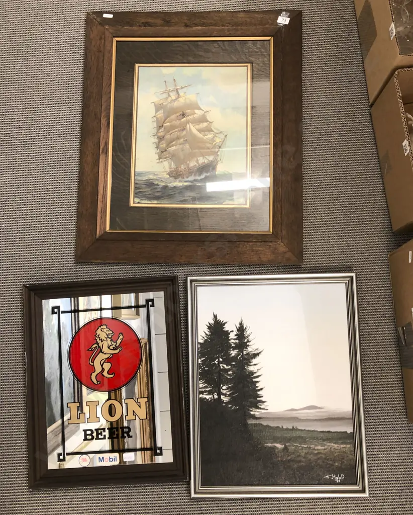 Lion Beer Advertising Mirror and Two Framed Works Image 1++