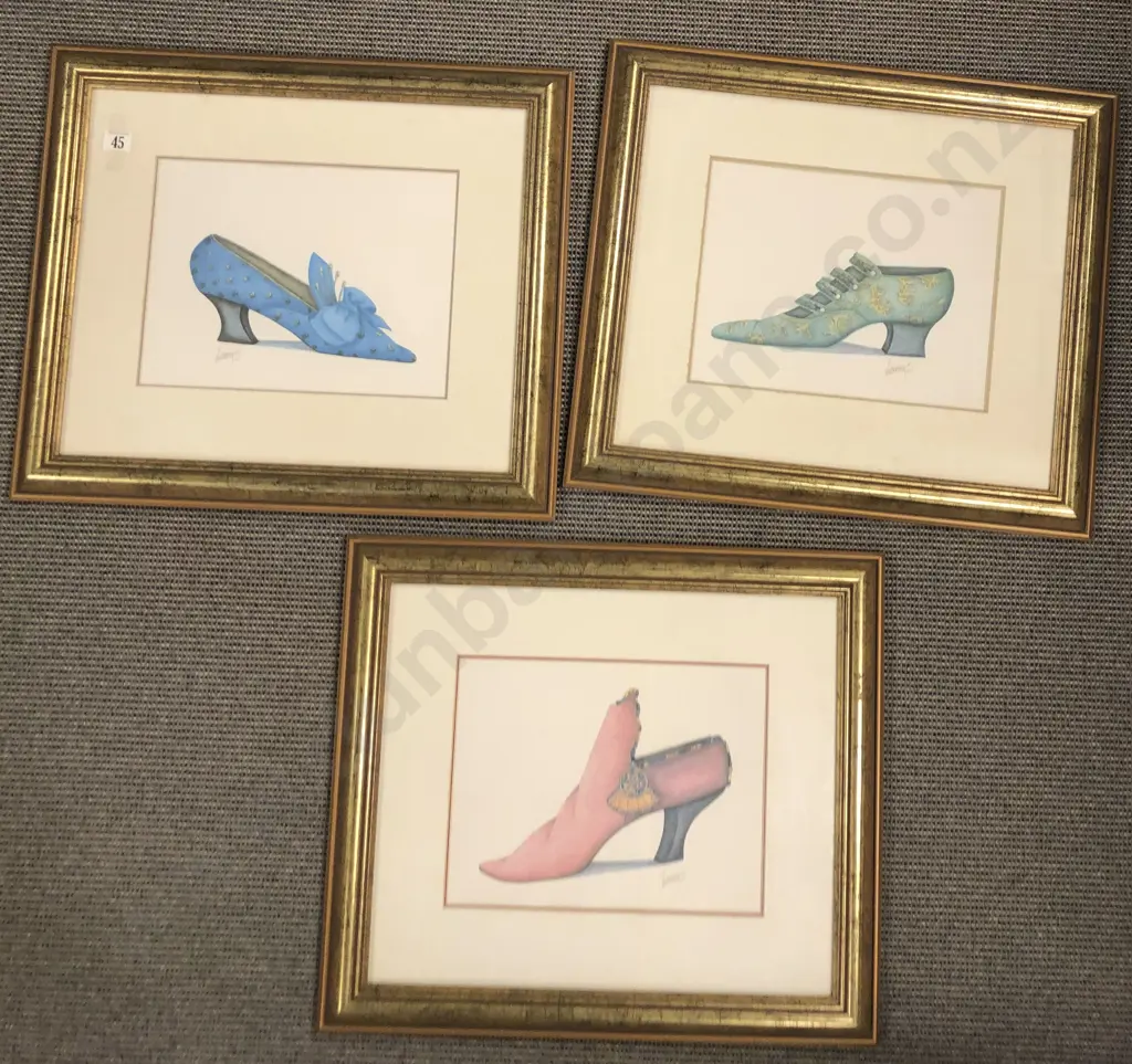 Three Polychrome Framed Prints of French 18C Shoes Image 1++