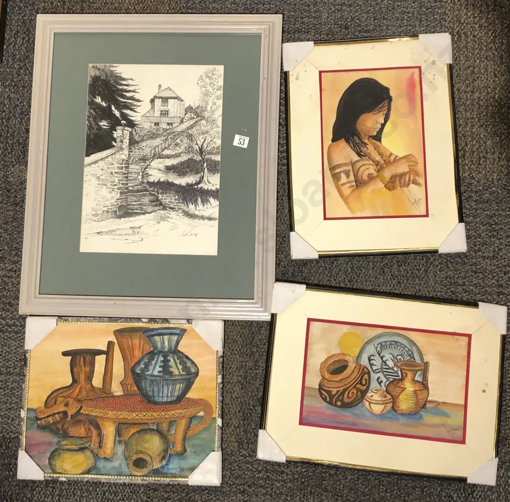 Four Assorted Artworks Together With Possible English Studio Ceramic Jug Image 1++