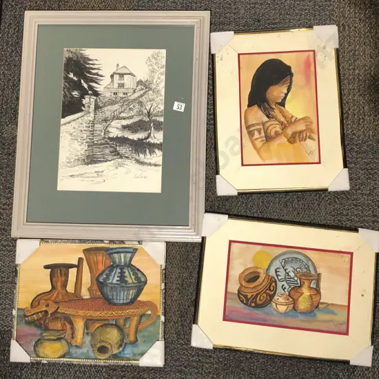 Four Assorted Artworks Together With Possible English Studio Ceramic Jug