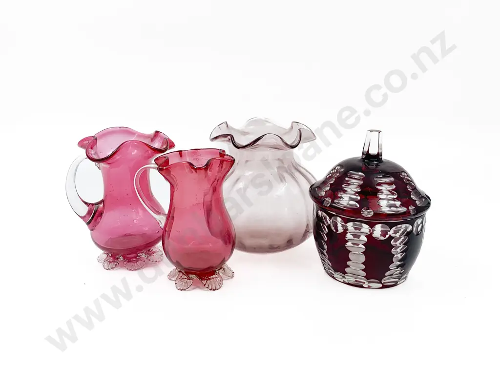 Four Pieces of Art Glass Including Cranberry and Ruby Glass Sugar Bowl Image 1++