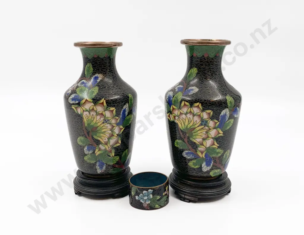 Pair of Cloisonné Vases Together With Napkin Ring Image 1++