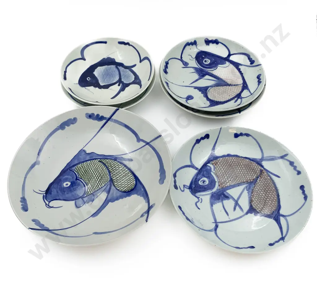 Six Blue and White China Bowls of Sizes With Koi Fish Decoration Image 1++
