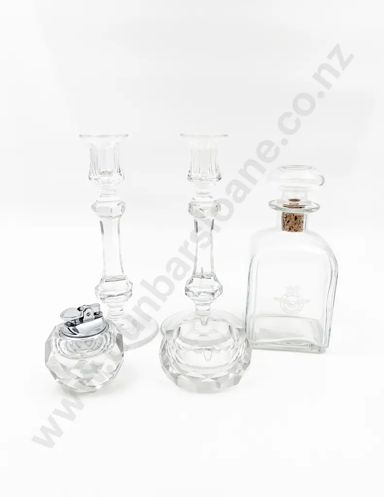 R.N.Z.A.F Museum Glass Decanter Together With Pair of Glass Candlesticks and Two Others Image 1++