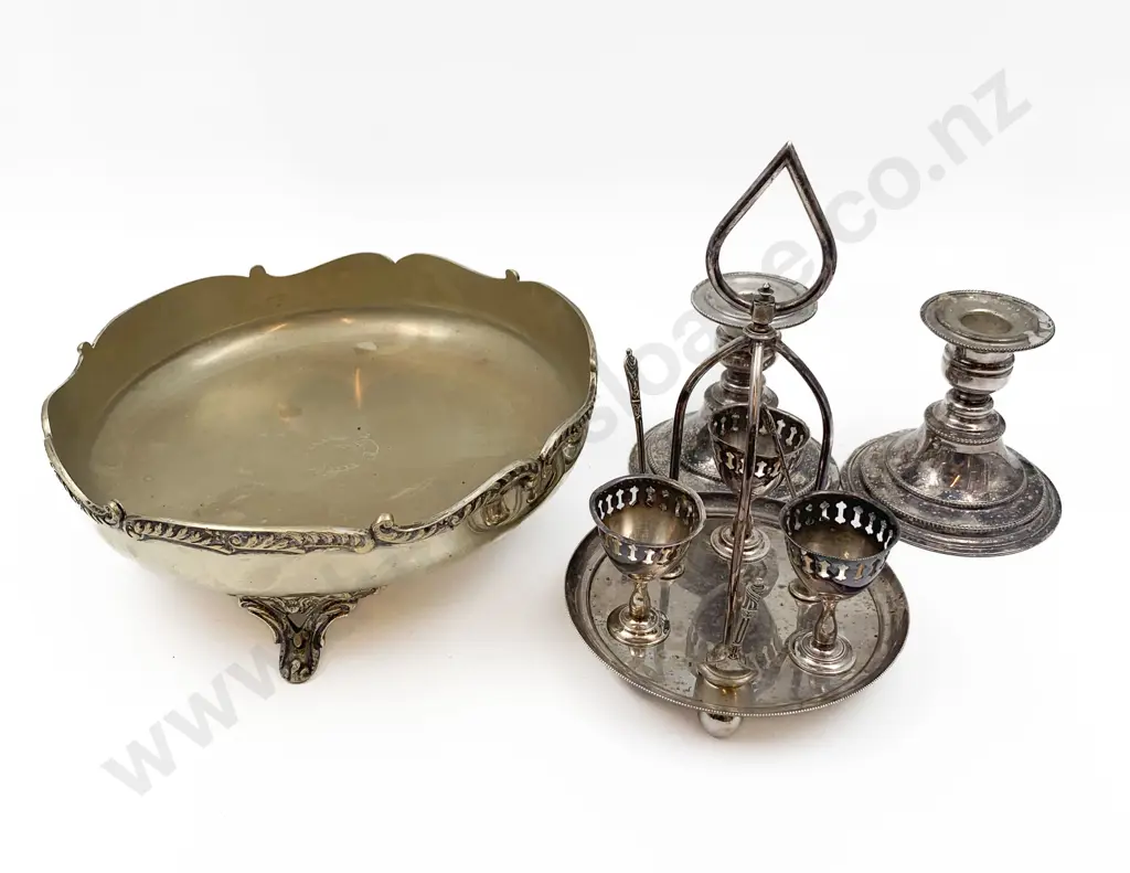 Pair of S/P Candlesticks Together With Egg Cup Set on Brass Fruit Bowl Image 1++