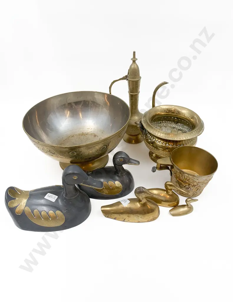 Qty of Assorted Brassware Including Decorative Ducks and Oil Lamp and Bowls etc. Image 1++