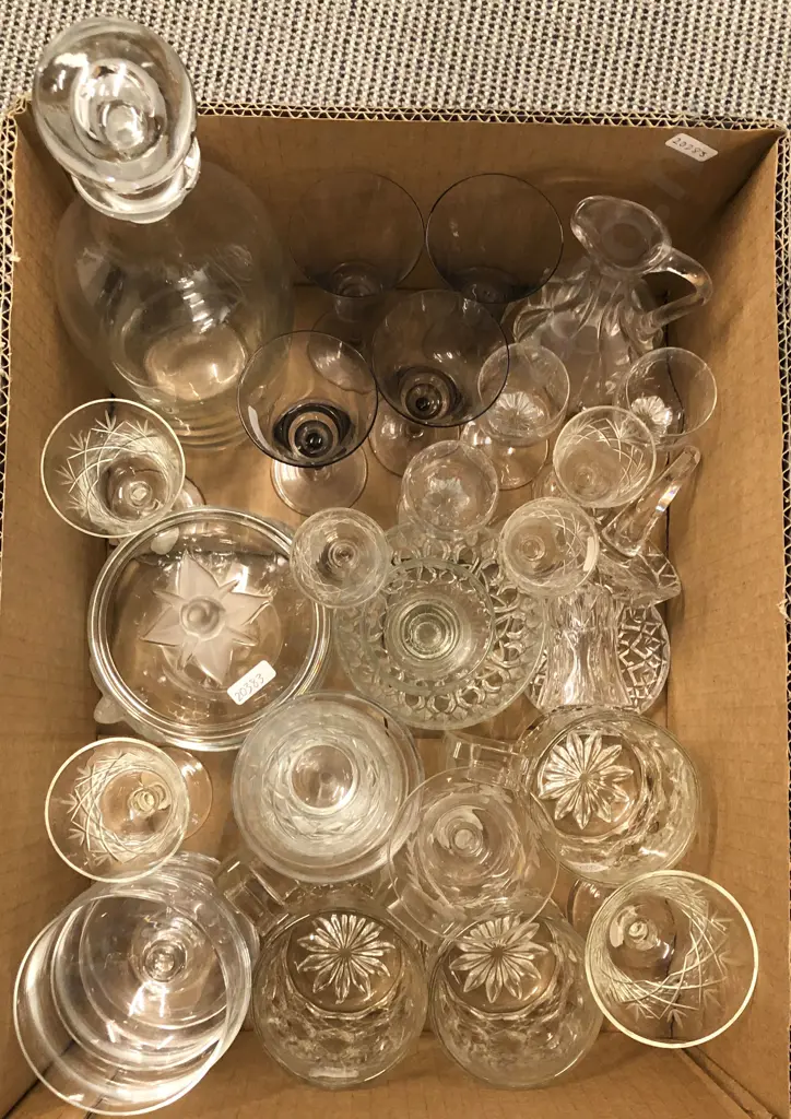 Box of Assorted Crystal and Glass Ware Including Decanter Image 1++