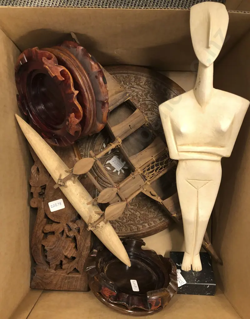 Small Box of Assorted Woodware Including Small Carved Table Image 1++