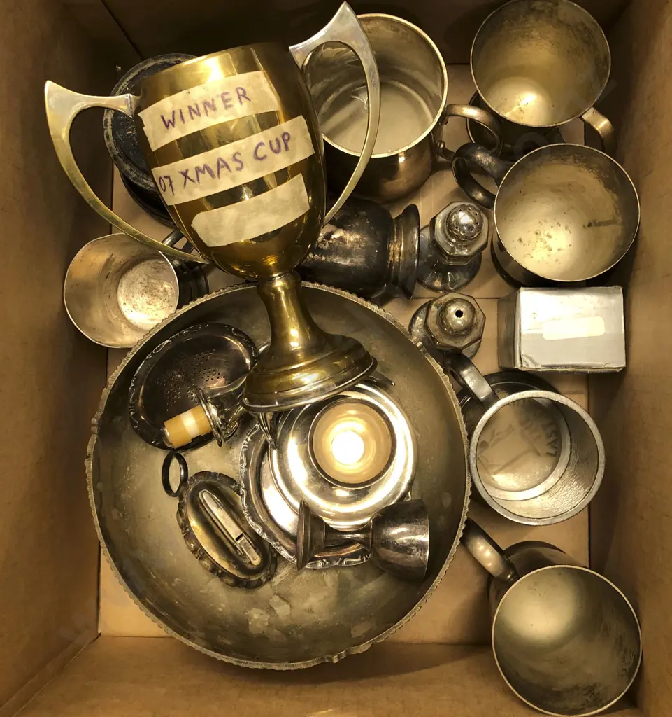 Box of Assorted Metal Ware Including Trophies and Pewter Tankards etc. Image 1++