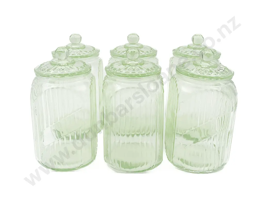 Set Of Six Uranium Green Glass Kitchen Jars Image 1++