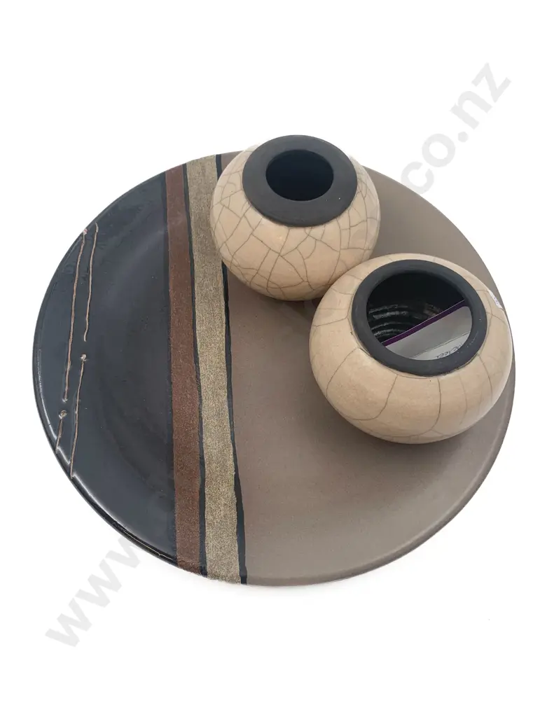 Morris & James NZ Pottery Charger Together With Pair of Ovoid Pottery Vases Image 1++