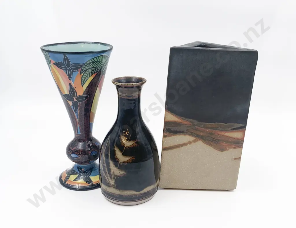 Three Pieces of Pottery Including Triangular Vase and Conical Glazed Vase etc. Image 1++