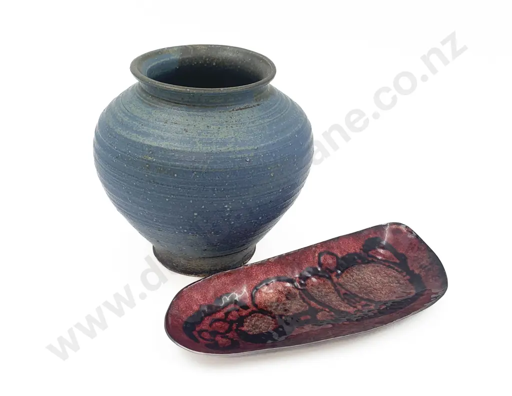 Large Delware Enamel Dish Together With Salt Glazed Pottery Vase Image 1++