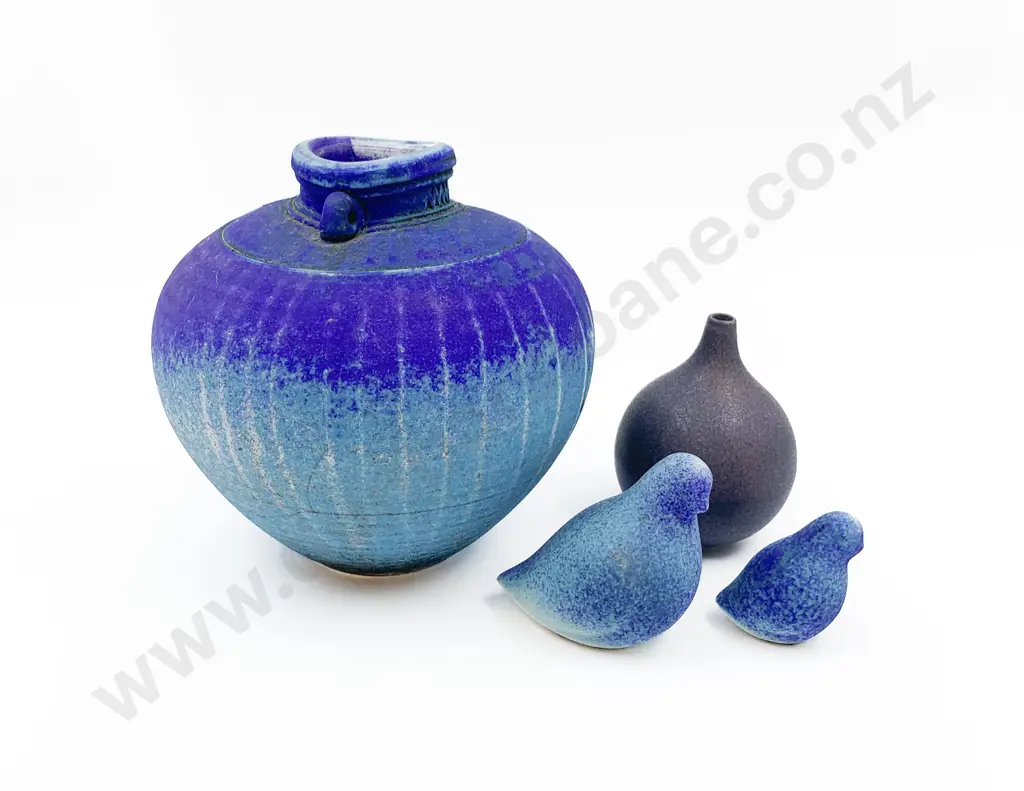 Mark James Pottery Vase Together With Two Bird Ornaments and Small Vase Image 1++
