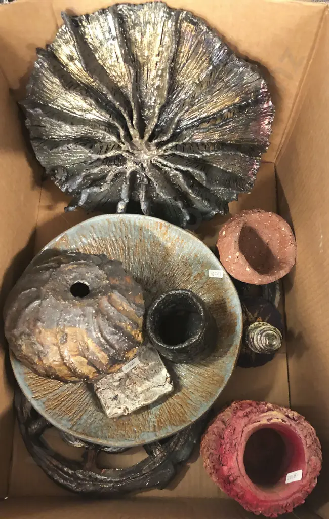Box of Assorted Pottery and Abstract Sculpture Image 1++