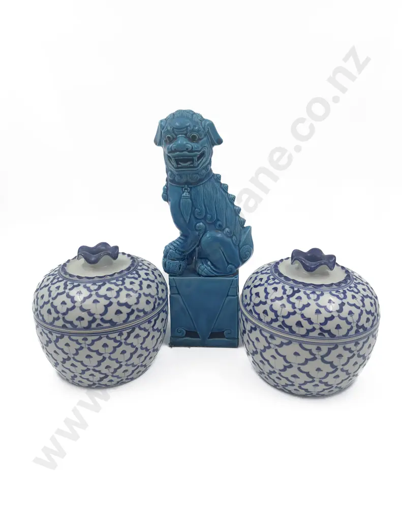 Pair of Blue and White Jars Together With Blue Glazed Temple Lion Image 1++