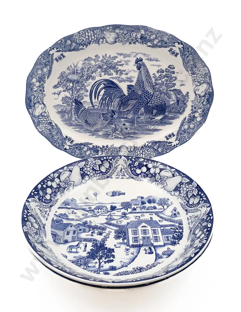 Blue and White Ashet Together With Pair of Large Blue and White Fruit Bowls Image 1++