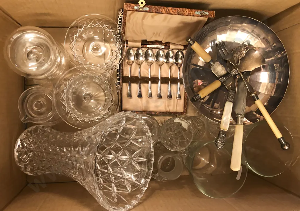 Box of Assorted Glass Crystal and S/P Including Tapered Vase Image 1++