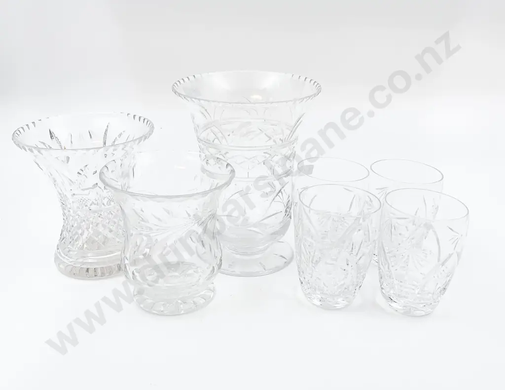 Qty of Three Glass and Crystal Vases and Four Glasses Image 1++