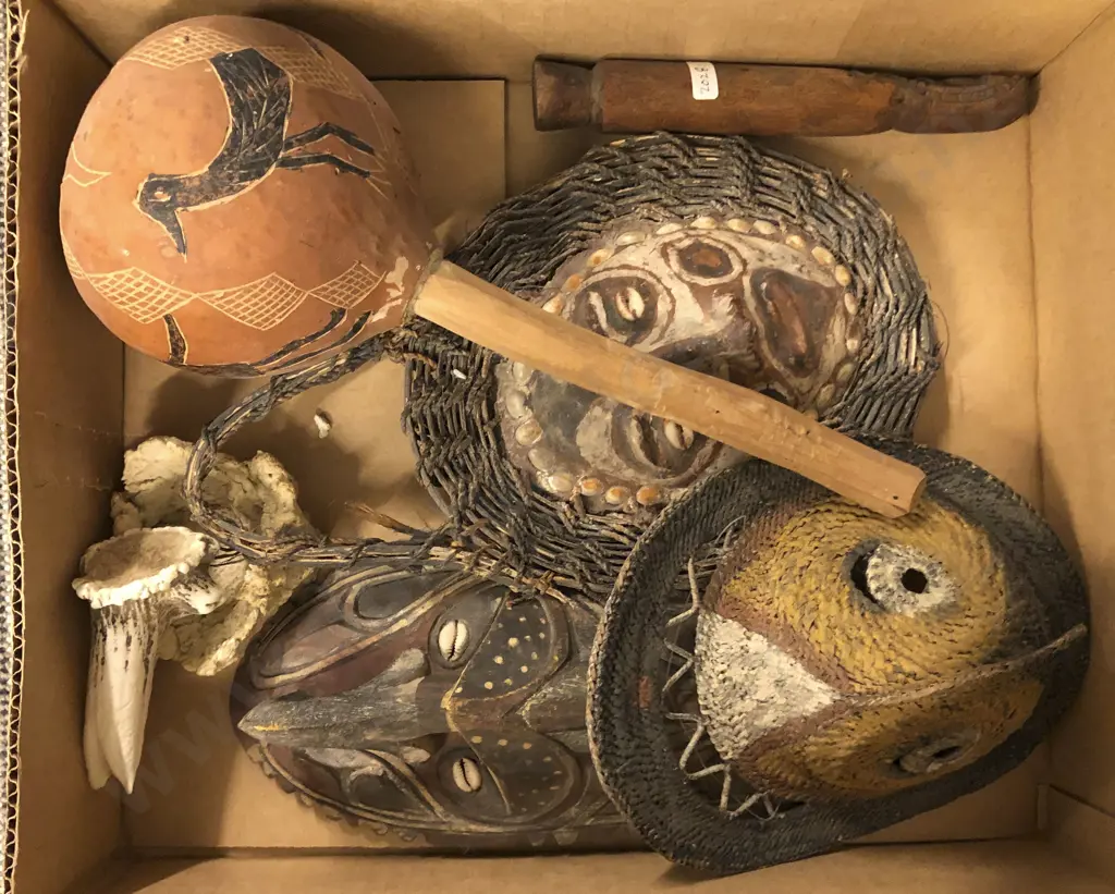 Assorted Tribal Artefacts Including Masks and Percussion Instrument etc. Image 1++