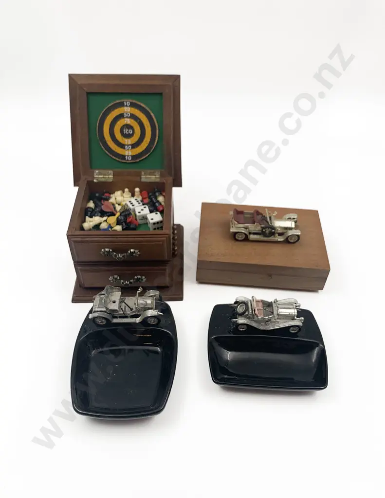 Miniature Dart and Chess Set Together With Car Decorated Ash Trays and Box Image 1++