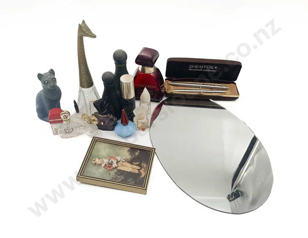 Box of Assorted Empty Scent Bottles etc. Together With Small Oval Mirror Image 1++