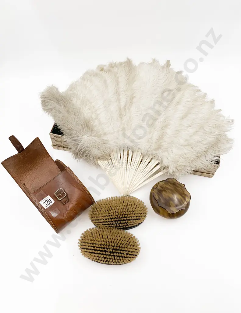 Victorian Bone and Ostrich Feather Fan Together with Tortoiseshell Box and Two Brushes Image 1++