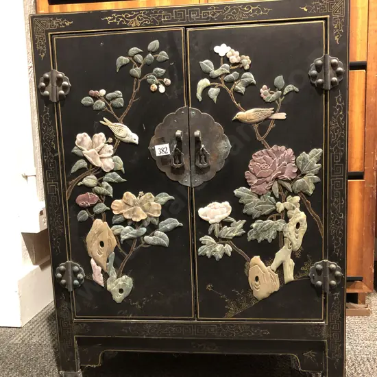 Embossed and Lacquered Asian Side Cabinet