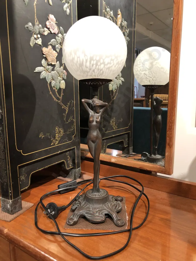 Repro Bronze Style Figural Lamp with Frosted Glass Globe Lightshade Image 1++