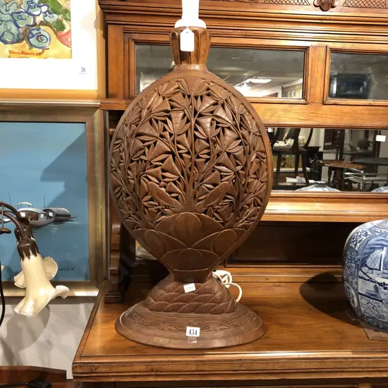 G M Malik & Co Carved Wooden Table Lamp