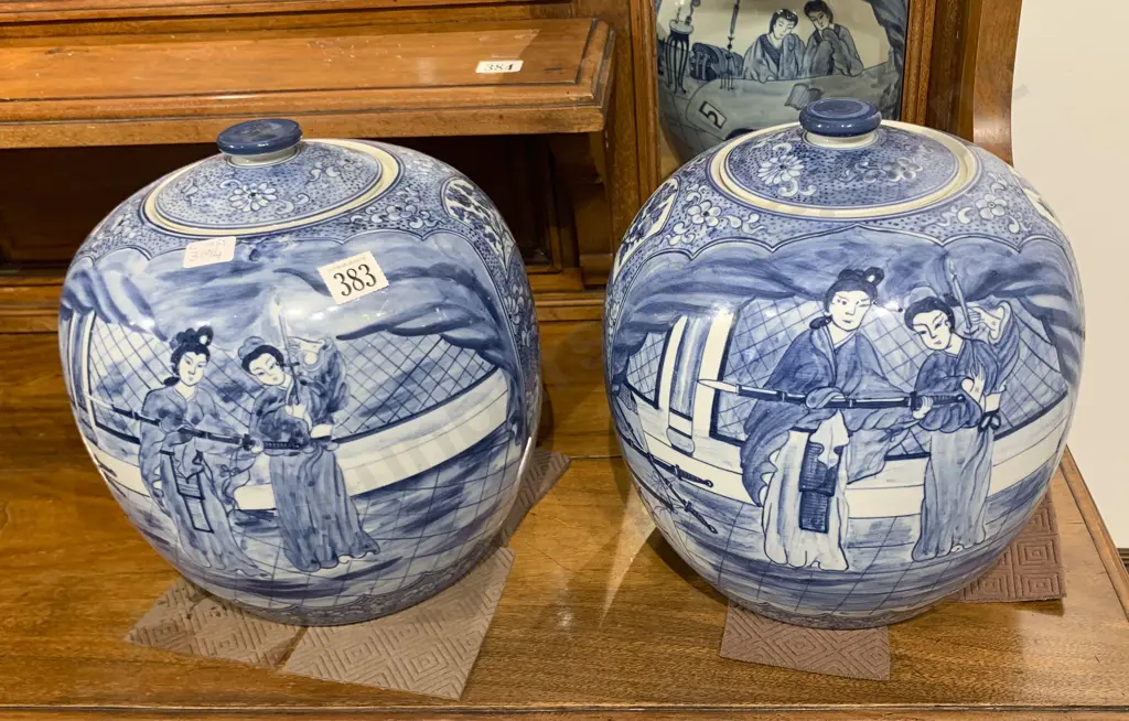 Pair of Blue and White Asian Ginger Jars Image 1++