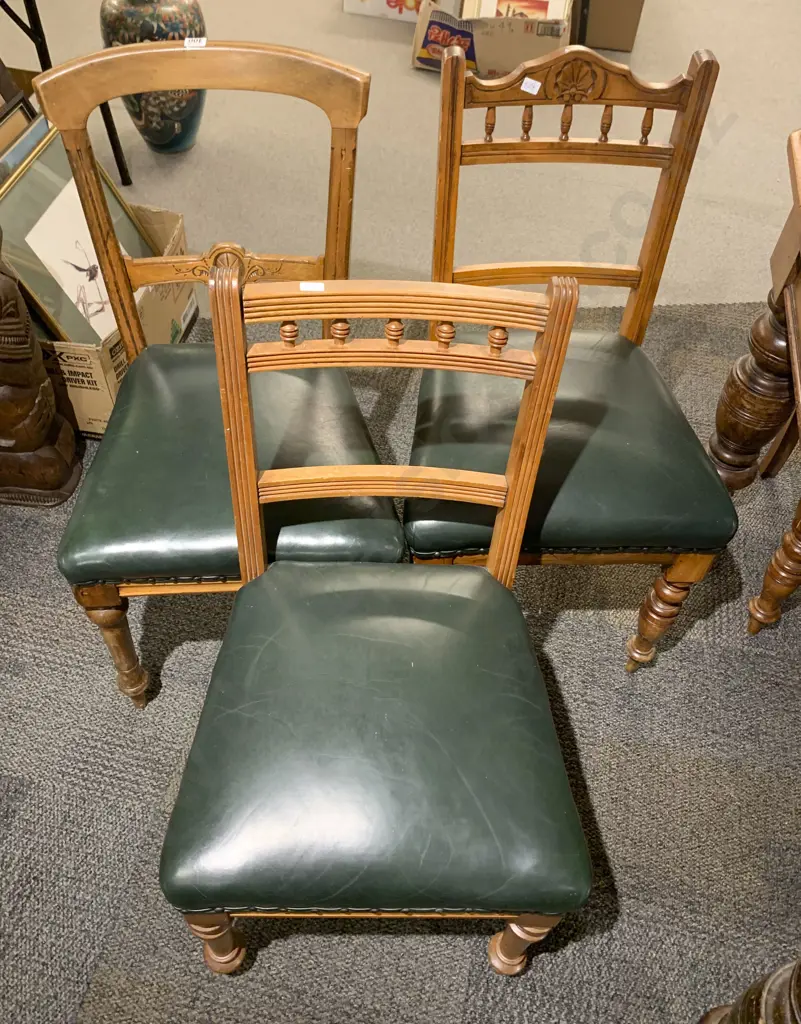 Four Leather Seated and Gallery Backed Kauri Dining Chairs Together with Four Similar Dining Chairs Image 1++