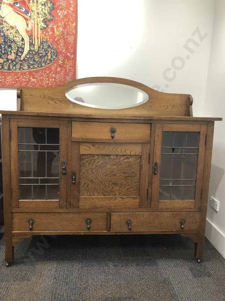Oak Art Deco Sideboard with Leadlight Doors (Missing Caster and Cracked to Glass) Image 1++