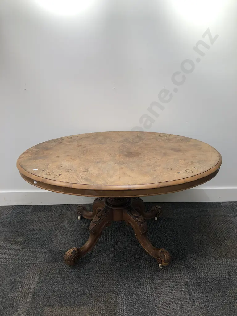 Victorian Marquetry and Inlaid Oval Loo Table Together With Harlequin Set of Five Balloon Backed Chairs Image 1++