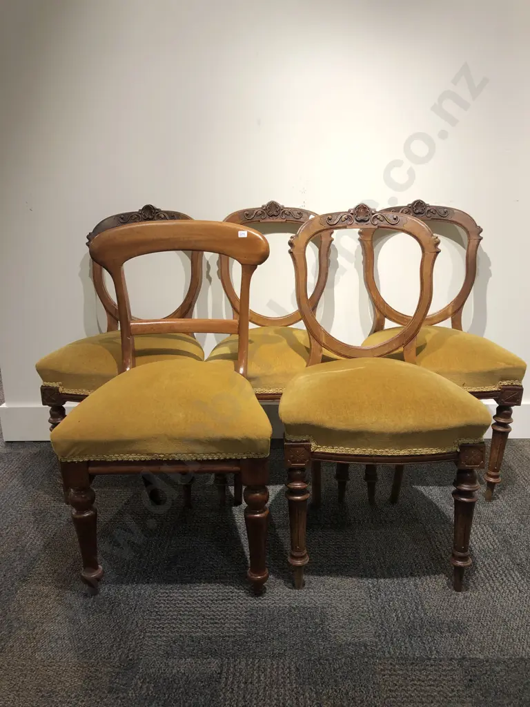 Victorian Marquetry and Inlaid Oval Loo Table Together With Harlequin Set of Five Balloon Backed Chairs Image 1++