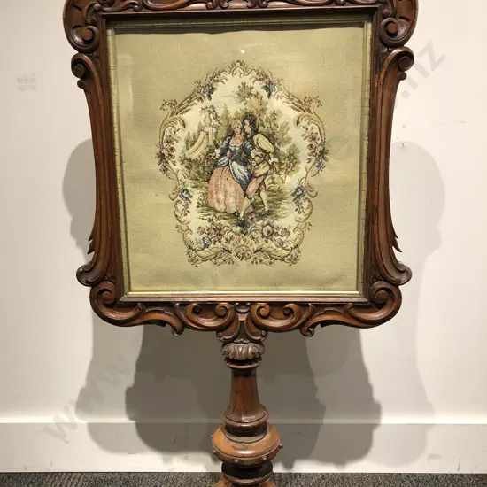 Victorian Walnut Polescreen With Tapestry Banner