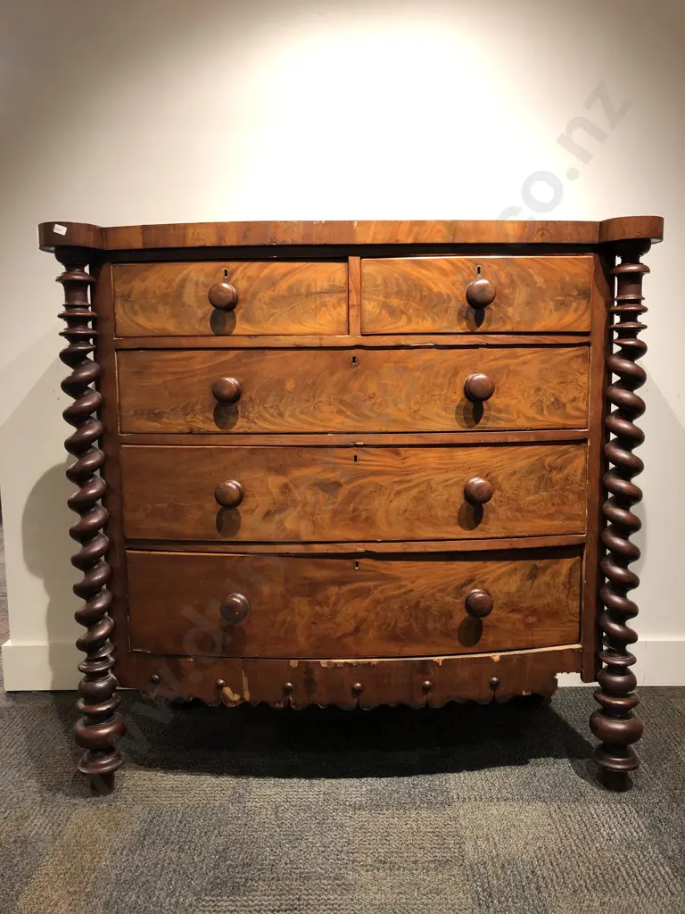 Victorian Mahogany Bow Front Chest of Drawers with Barley Twist Supports (Faults) Image 1++