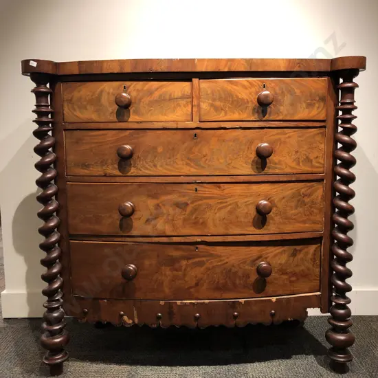 Victorian Mahogany Bow Front Chest of Drawers with Barley Twist Supports (Faults)