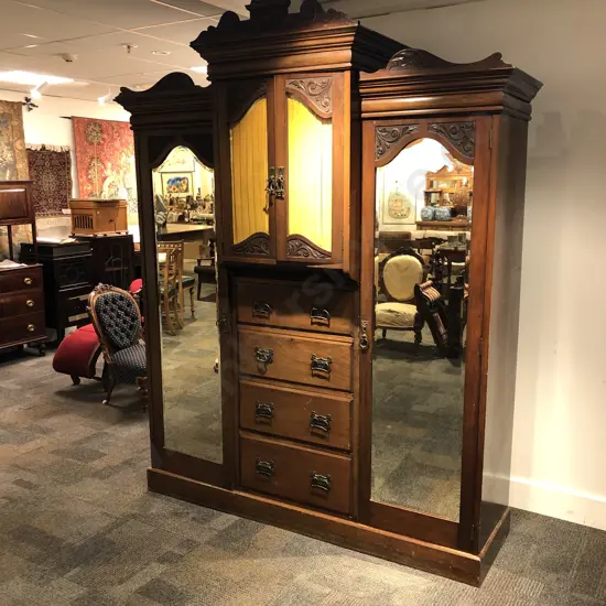 Large Art Nouveau Mirrored Door Wardrobe (Borer)