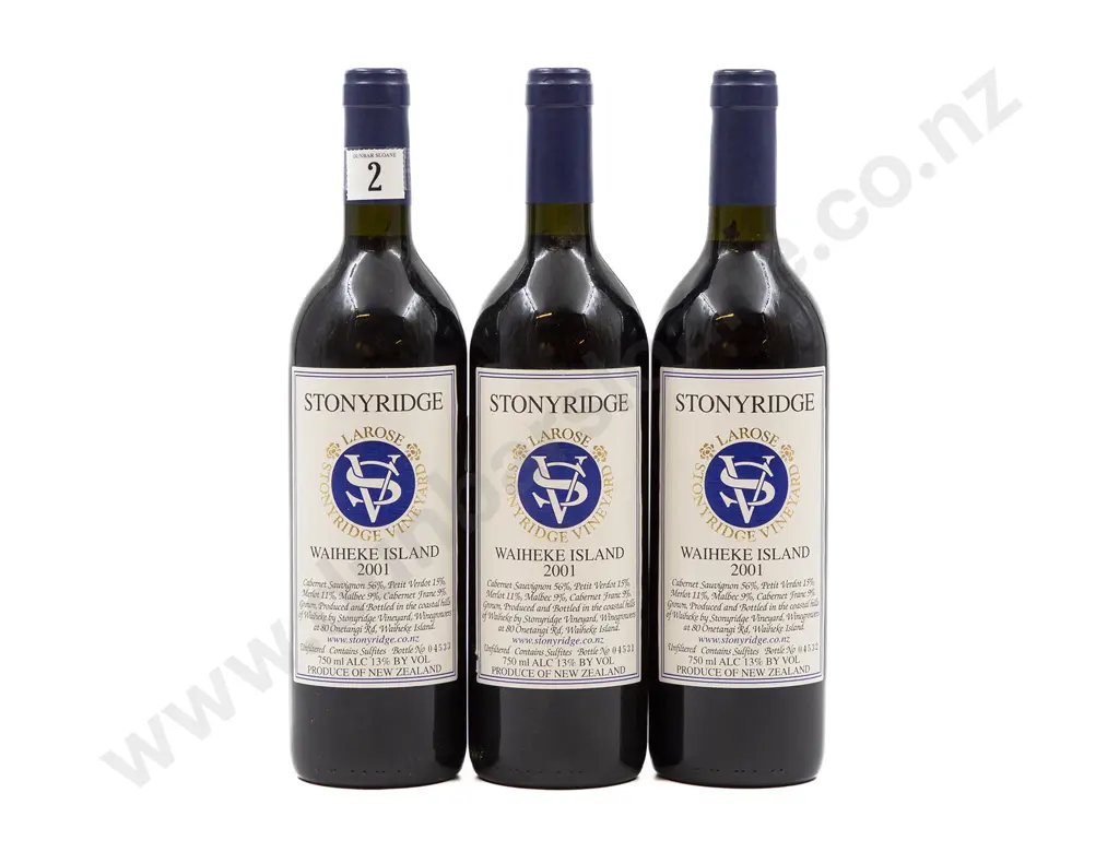 3 bottles NZ 2001 Stonyridge Vineyard Larose Waiheke Island Image 1++