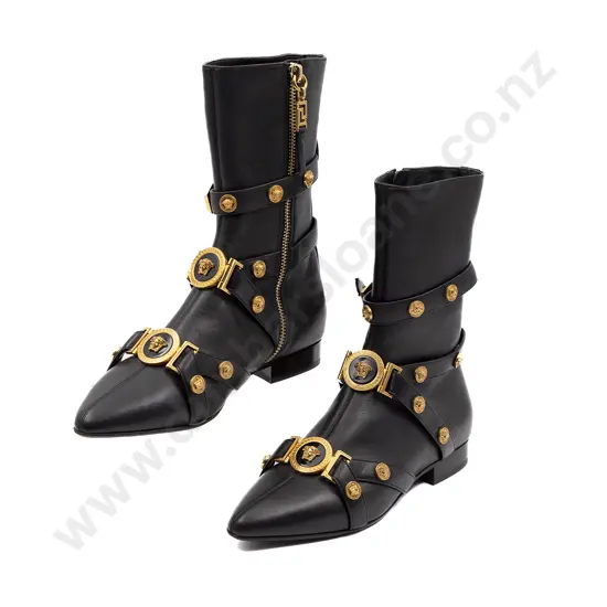 Versace Tribute Medallion Buckle Ankle Boot