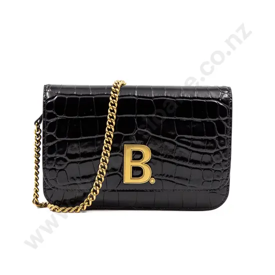 Balenciaga 'B' Embossed Black Leather Chain Crossbody Bag