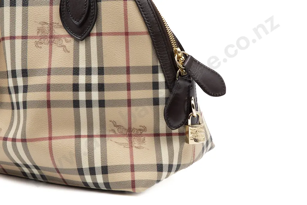Burberry Haymarket Coated Canvas Chocolate Leather Top Handle Bag Image 1++