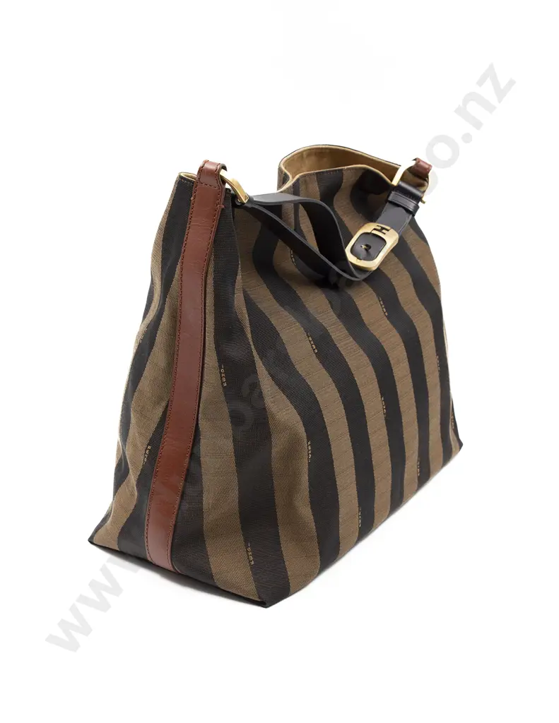 Fendi Tobacco/Tan Canvas and Leather Large Pequin Striped Hobo Bag Image 1++