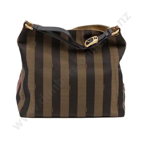 Fendi Tobacco/Tan Canvas and Leather Large Pequin Striped Hobo Bag