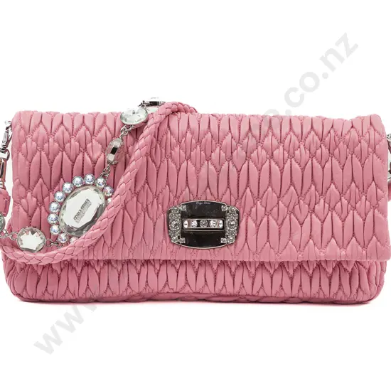 Miu Miu Pink Matelasse Nappa Leather Crystal Shoulder Bag