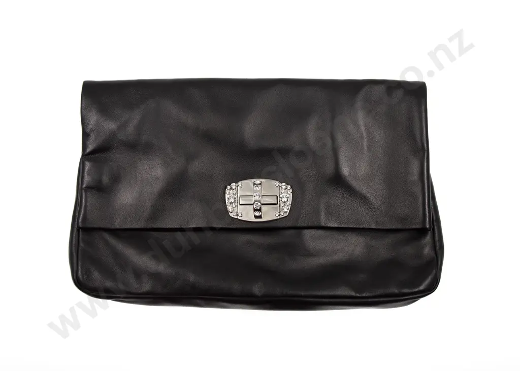 Miu Miu Black Nappa Leather Crystal Fold Over Clutch Image 1++