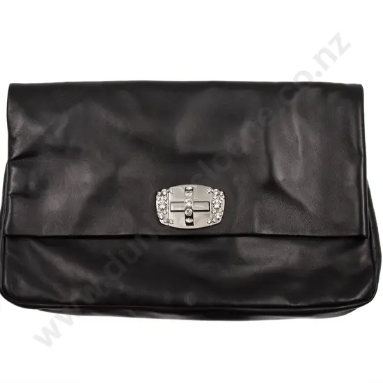 Miu Miu Black Nappa Leather Crystal Fold Over Clutch
