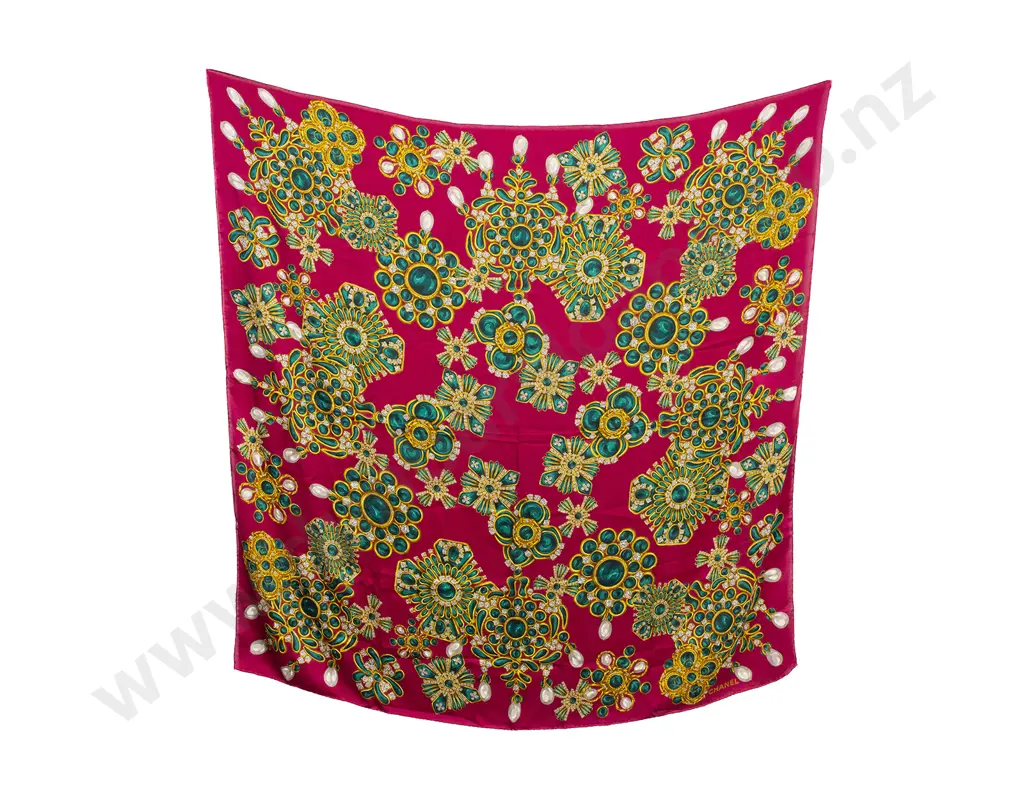 Vintage Circa 1990's Chanel Burgundy Jewel Silk Scarf Image 1++