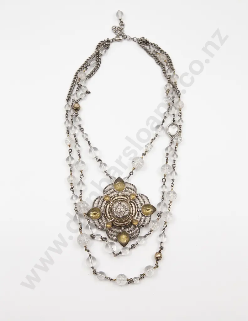 Chanel Triple Graduated Strand Gripoix Bead and Large Camellia Pendant Image 1++